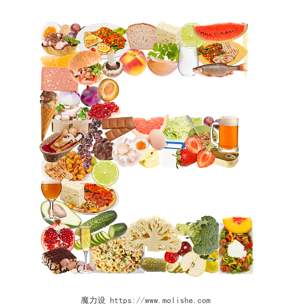 白色背景下卡通食物字母E字母 e 的食物